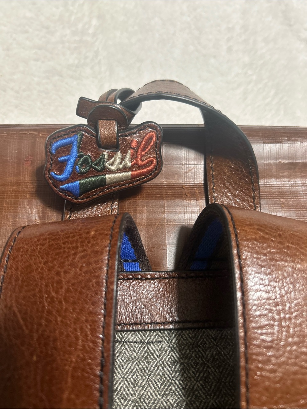 Fossil Brown Plaid Leather Backpack Vintage Style Buckle Bookbag - Picture 5 of 10